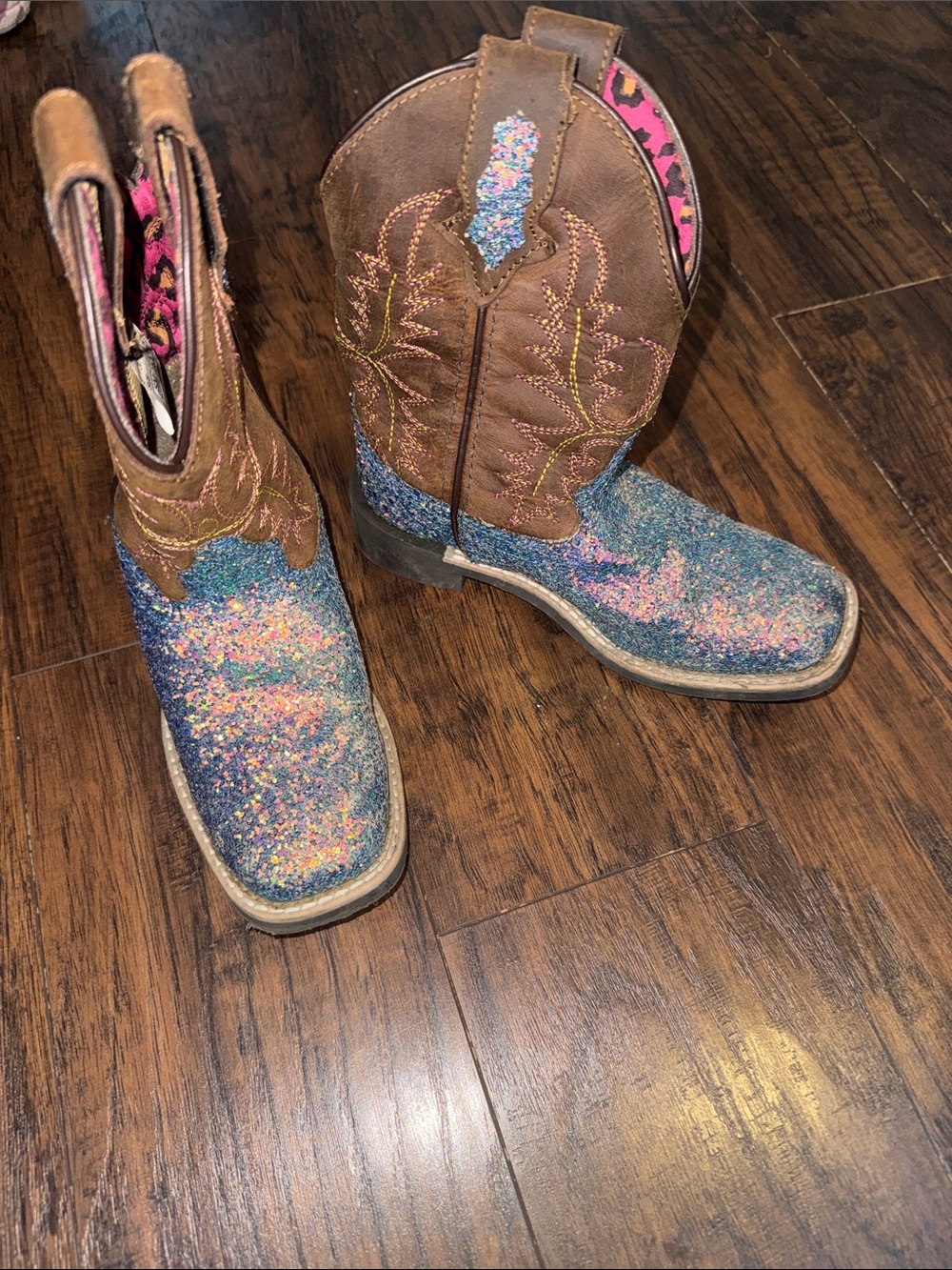 Girls Brown and Multi-Color Glitter Western Boots